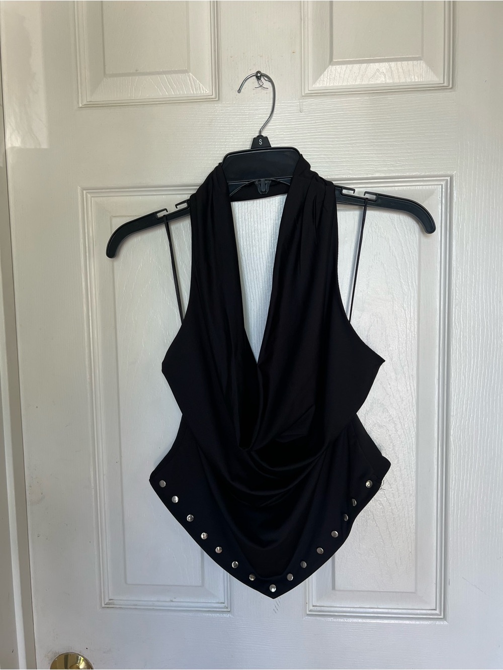 Black Drape Halter Tank Top with Stud Detail